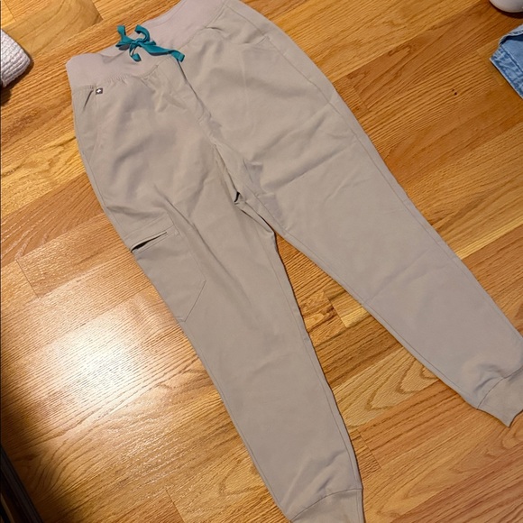 Beige Jogger Pants with Teal Drawstring - Picture 2 of 2
